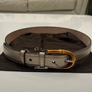 Gucci Gray Leather Belt with Gold Buckle